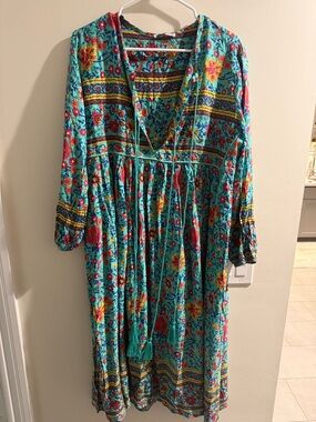 Boho Teal Floral Long Sleeve Maxi Dress with Tie Front